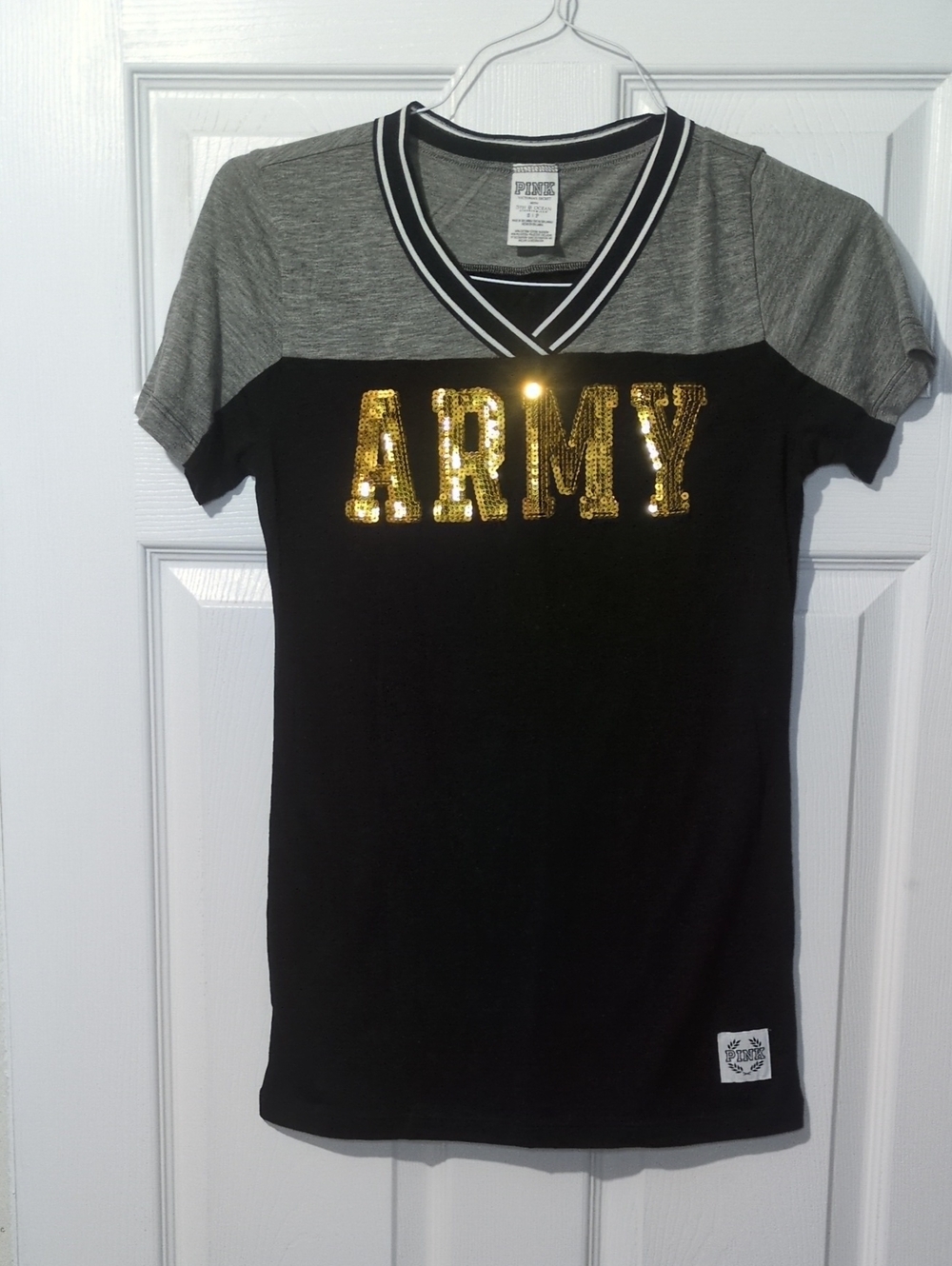 PINK Black Gray Military V-Neck Tee Gold Sequin ARMY Classic Summer Small Y2K